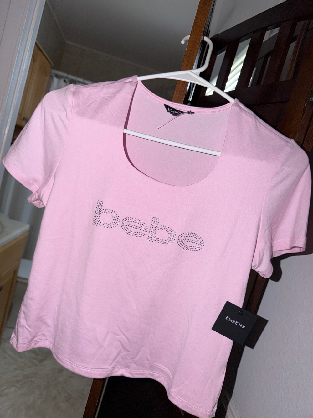 bebe Light Pink Rhinestone Logo Short Sleeve Scoop neck crop top